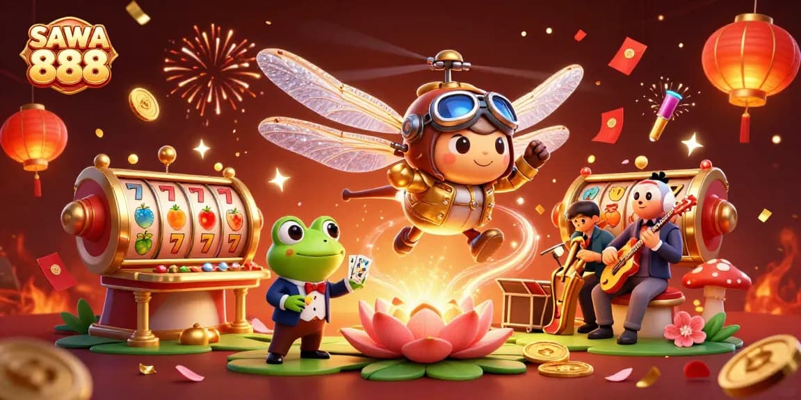 Experience exciting gaming with SAWA 888 at a vibrant lily pad casino featuring a dragonfly pilot and frog croupier.