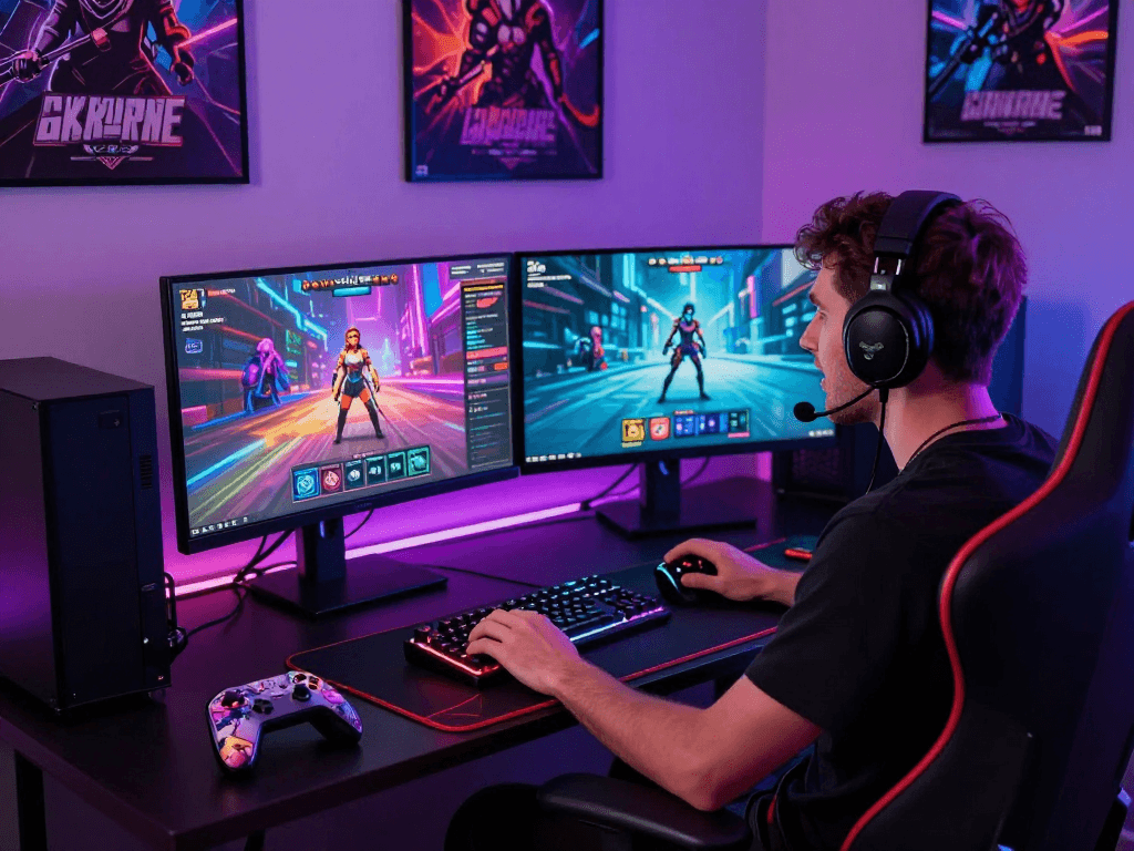 Engaging gaming setup with a player exploring a sex simulator on dual monitors showcasing vibrant graphics and character designs.