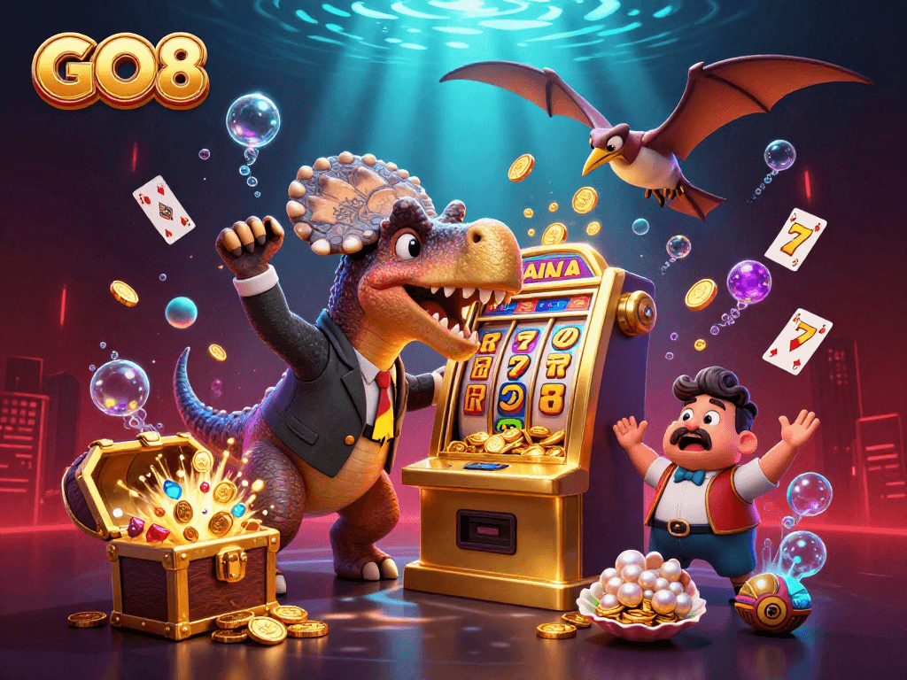 Headbutting the GO8 slot machine unleashing jackpots, with animated dinosaurs in a vibrant casino.