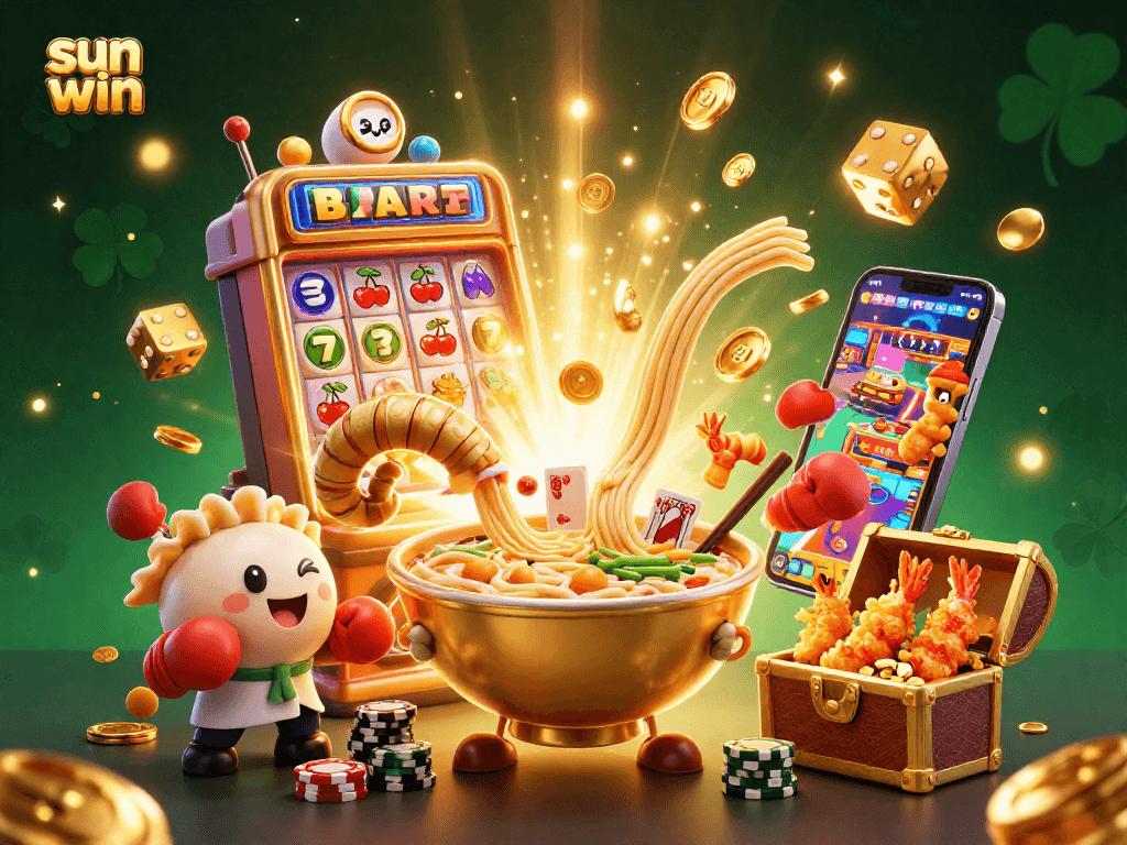 Experience sun win excitement with a vibrant casino scene featuring colorful characters and dynamic game elements.