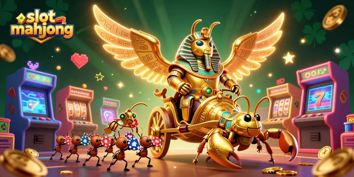 Play slot mahjong with golden scarab characters in a vibrant casino scene.
