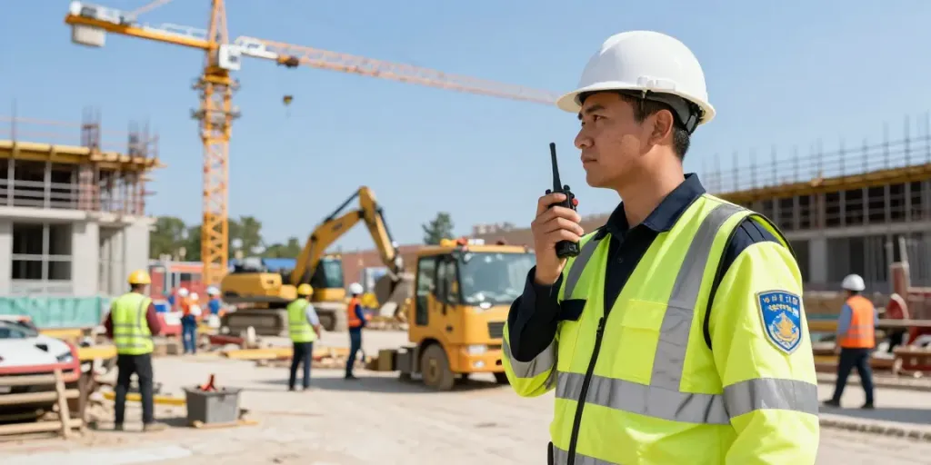 Construction Site Security guard ensuring safety at a busy site.
