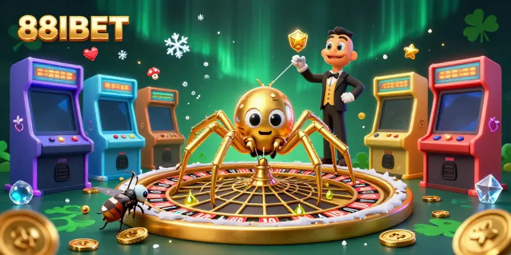 Bet responsibly at 88IBET with vibrant casino-themed cartoon illustration featuring engaging characters and games.