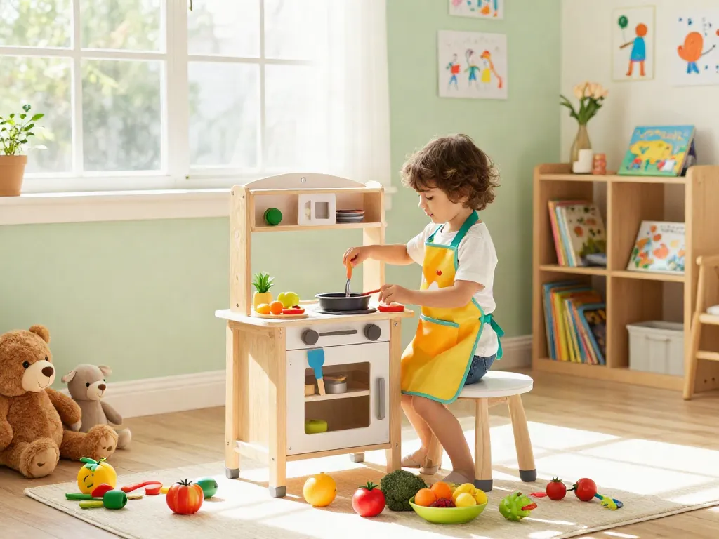 Child playing with a toy kitchen set, surrounded by colourful food items, creating a playful atmosphere.