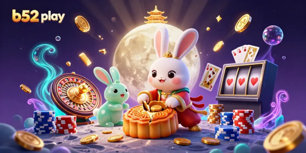 Experience the vibrant world of b52 play with a 3D moon rabbit and casino elements.