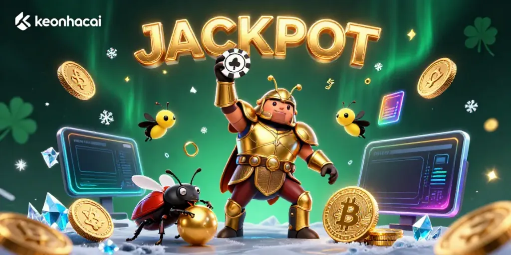 Experience keonhacai thrills with vibrant cartoon beetles celebrating a jackpot amidst glowing digital elements.