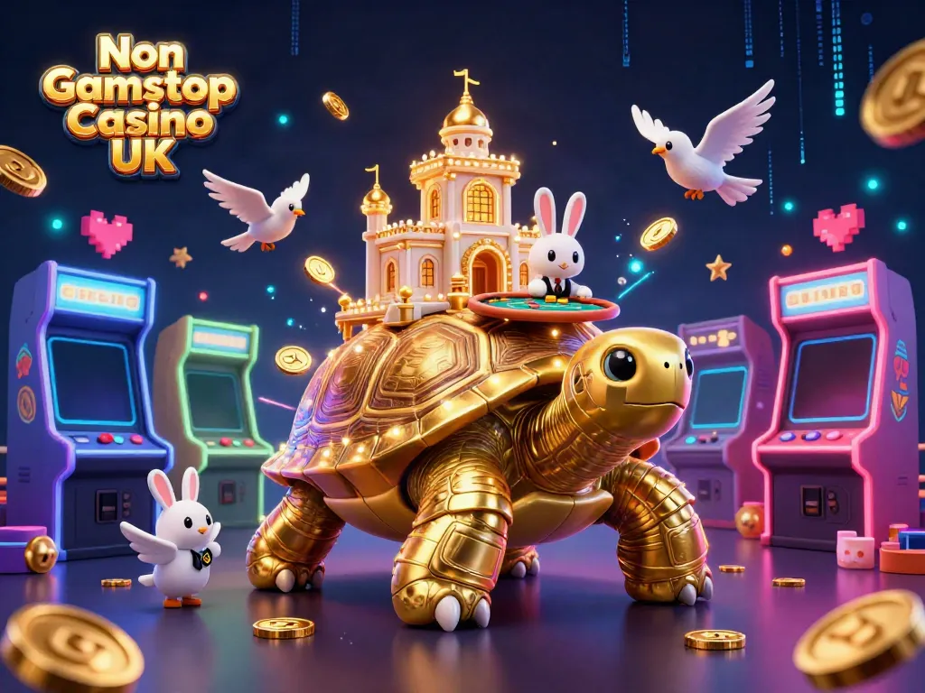 Experience excitement at a Non Gamstop Casino UK featuring a golden tortoise with a vibrant casino scene.