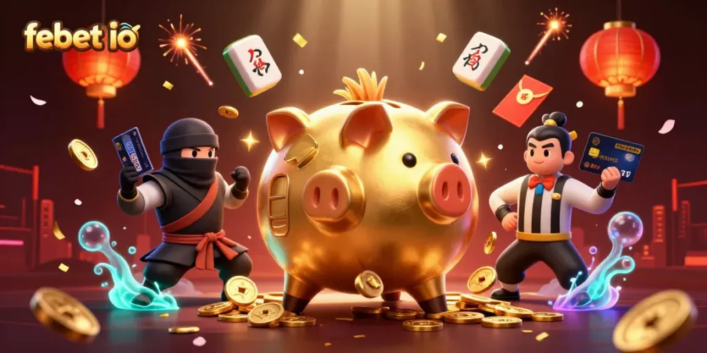 Experience vibrant excitement with febet io in this dynamic 3D gaming scene featuring a gold piggy bank wrestler.