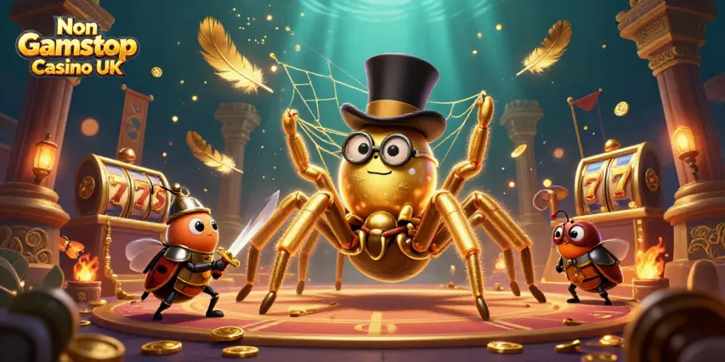 Engage with the dynamic scene at a Non Gamstop Casino UK featuring fantasy characters and vibrant casino elements.