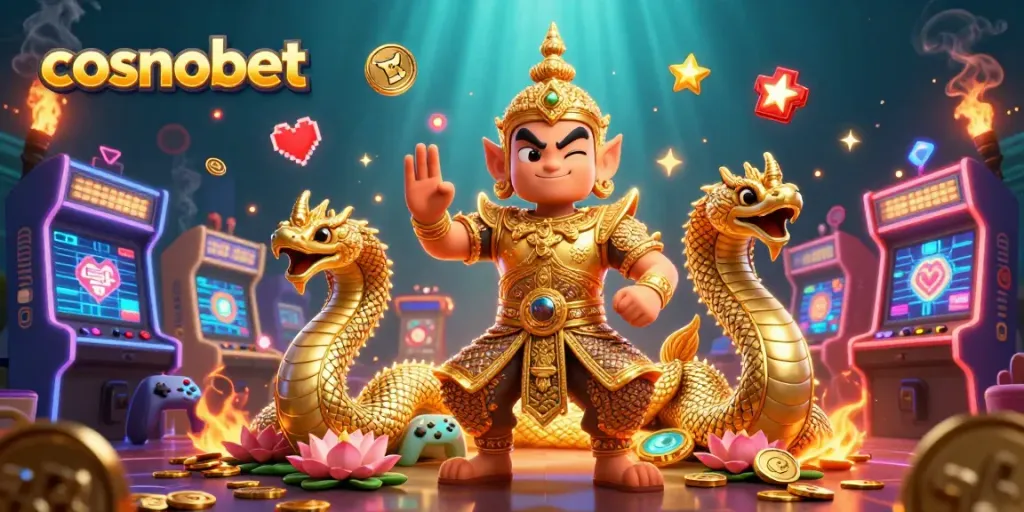 Cosmobet showcases a radiant casino scene with a golden guardian and interactive gaming elements.