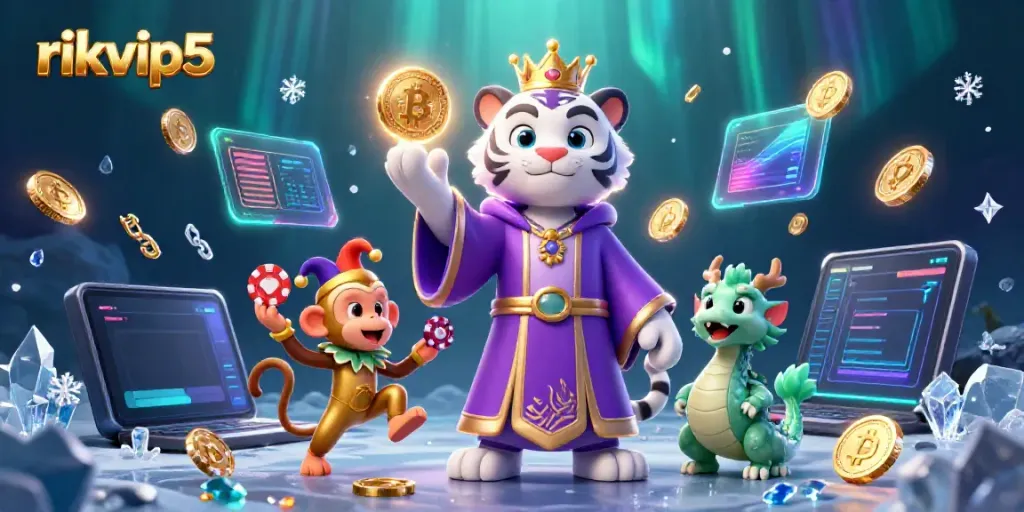 Engage with rikvip5 in a vibrant, illustrated casino scene featuring a majestic white tiger, juggling monkey, and crypto elements.