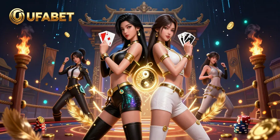 Experience excitement with UFABET as twin Asian women showcase powerful casino gaming poses with cards.