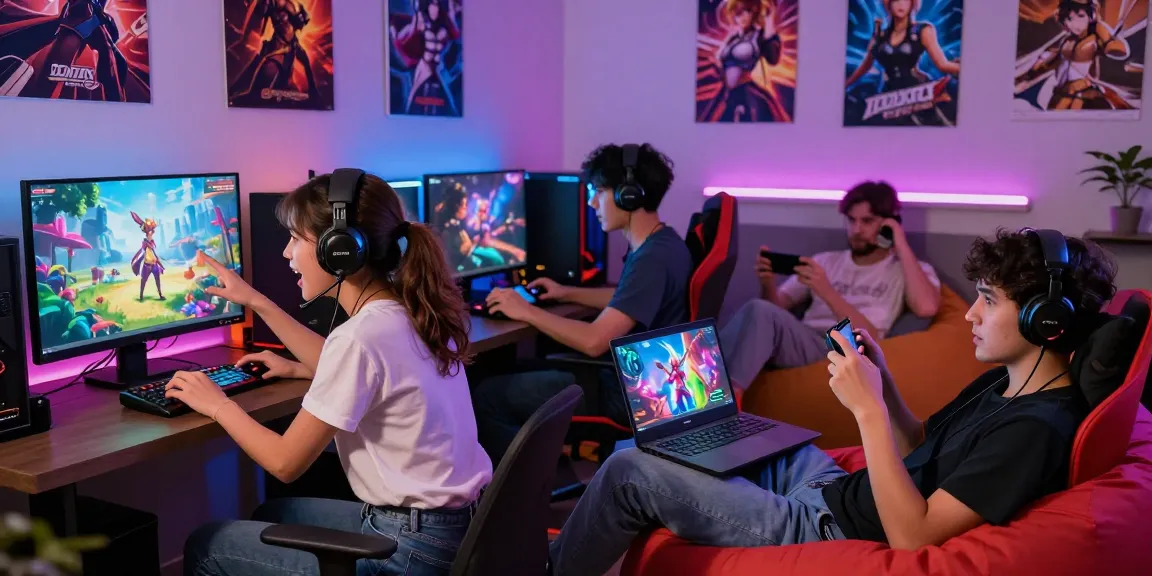 Engaged gamers enjoying various hentai games on mobile and PC in a vibrant atmosphere, showcasing modern gaming culture.
