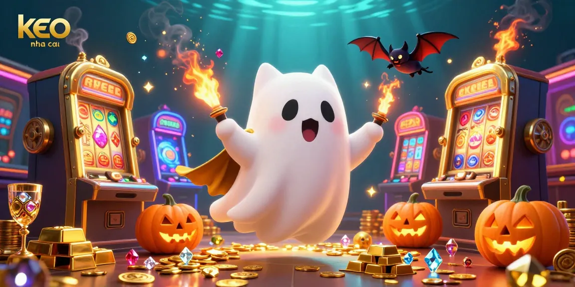 Engage with keo nha cai in a lively casino setting with a ghost cat, vampire bat, and glowing poker pumpkins.