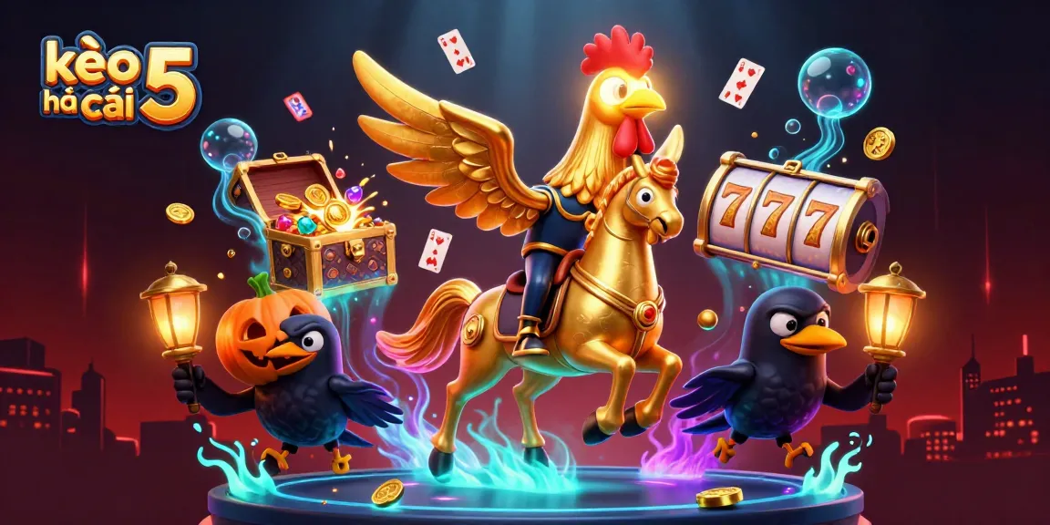 Engage in kèo nhà cái 5 betting action with a golden rooster and animated casino elements.