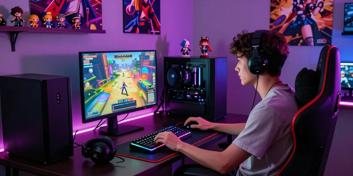 Engaging scene of a gamer playing hentaigames in a modern gaming setup with vibrant visuals and collectibles.
