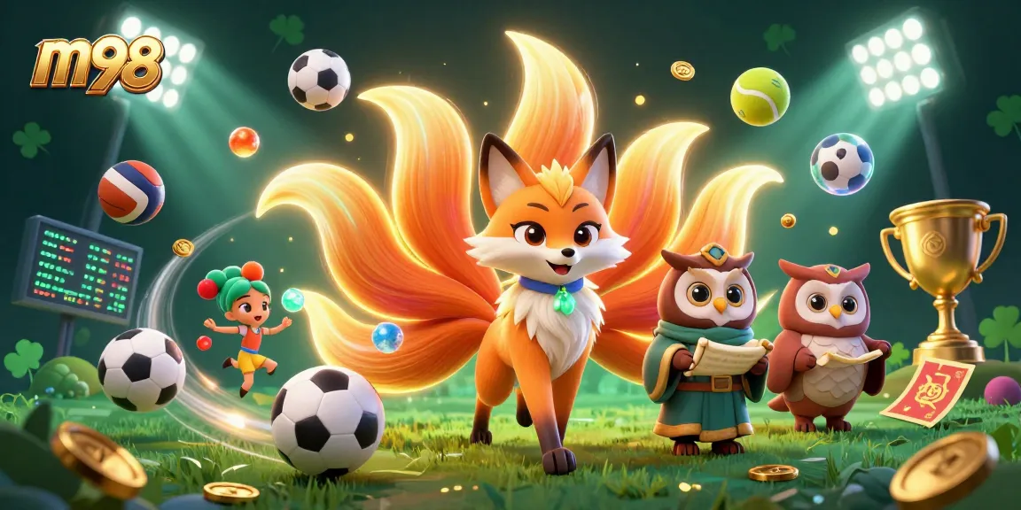 Engage in thrilling m98 sports betting with vibrant 3D illustration featuring a glowing fox spirit and dynamic game elements.