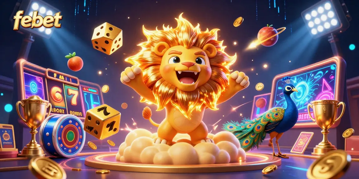 Experience the thrilling world of febet with vibrant slots, golden dice, and a roaring sun lion.
