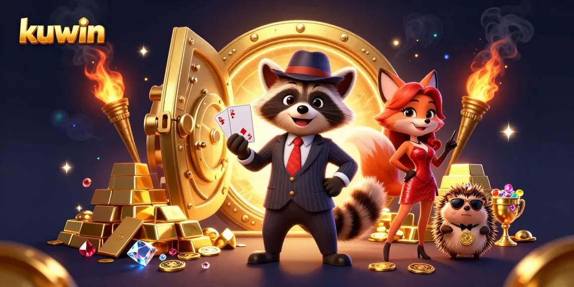 Kuwin casino scene showing a raccoon holding a royal flush, surrounded by golden treasures and game symbols.