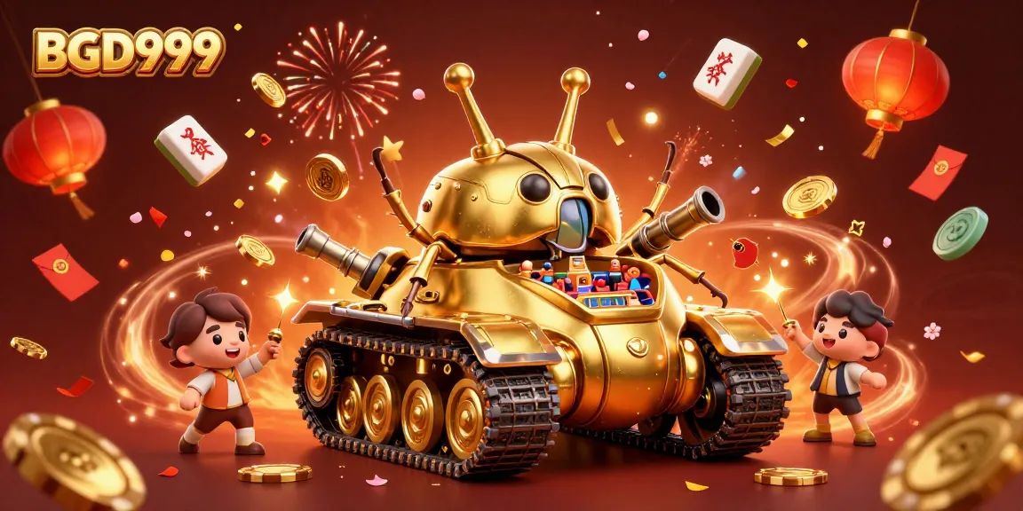 Experience BGD999 with a vibrant 3D casino scene featuring a golden beetle tank, confetti, and festive elements.