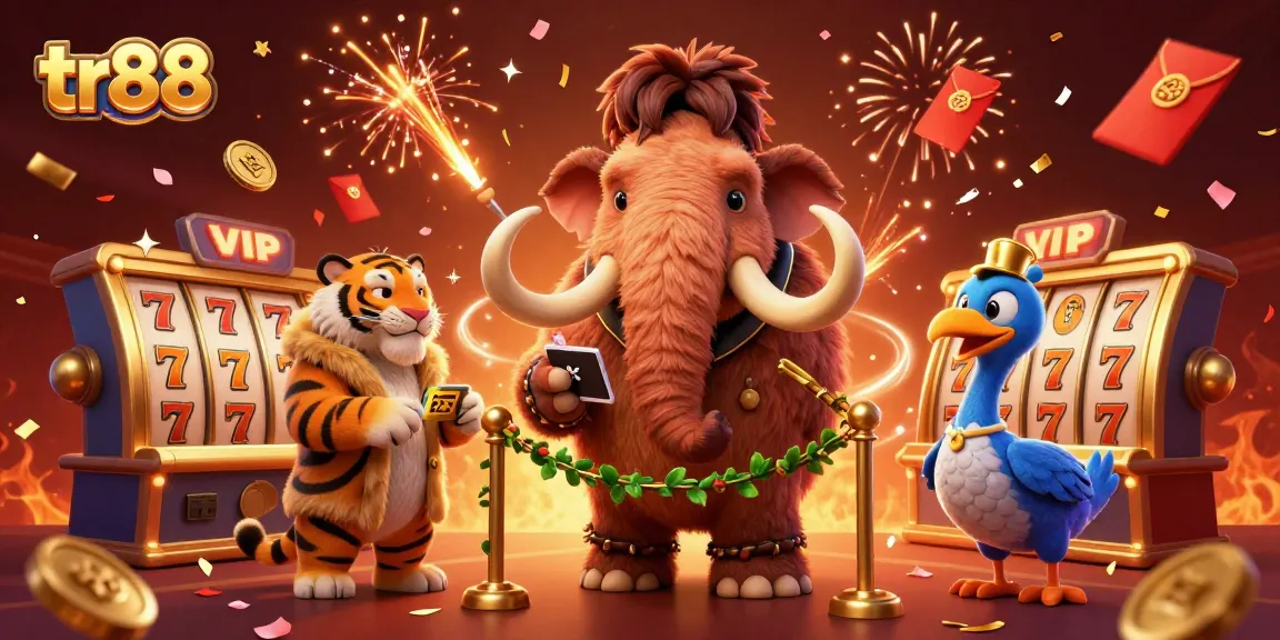 Experience excitement at tr88 casino with a woolly mammoth bouncer and VIP guest in dynamic 3D illustration.