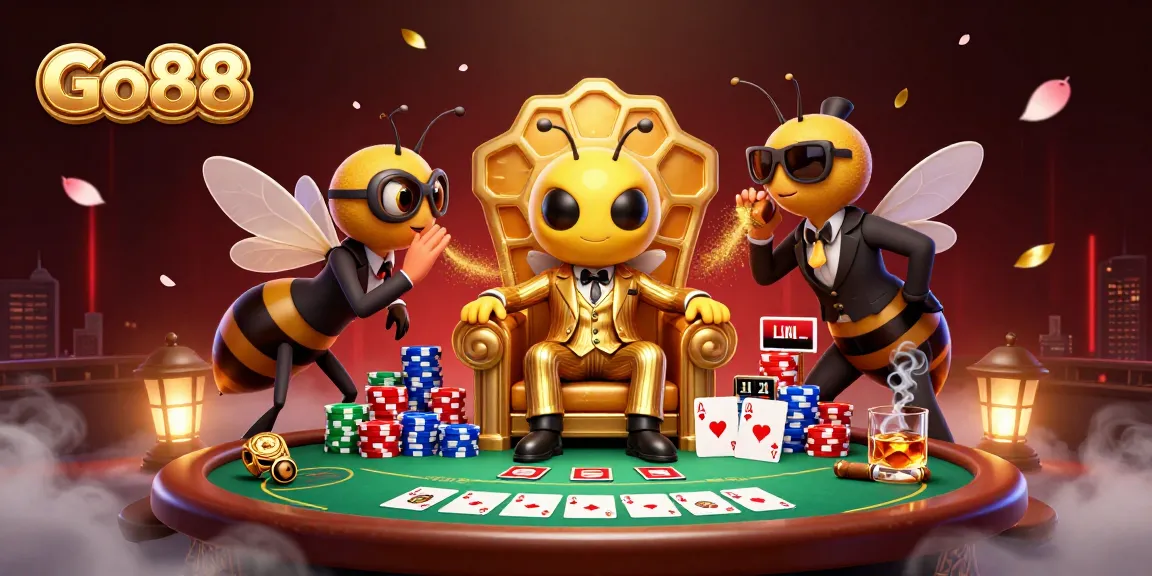 Join the action at Go88, featuring a buzzing bumblebee mob boss leading an exciting poker scene.