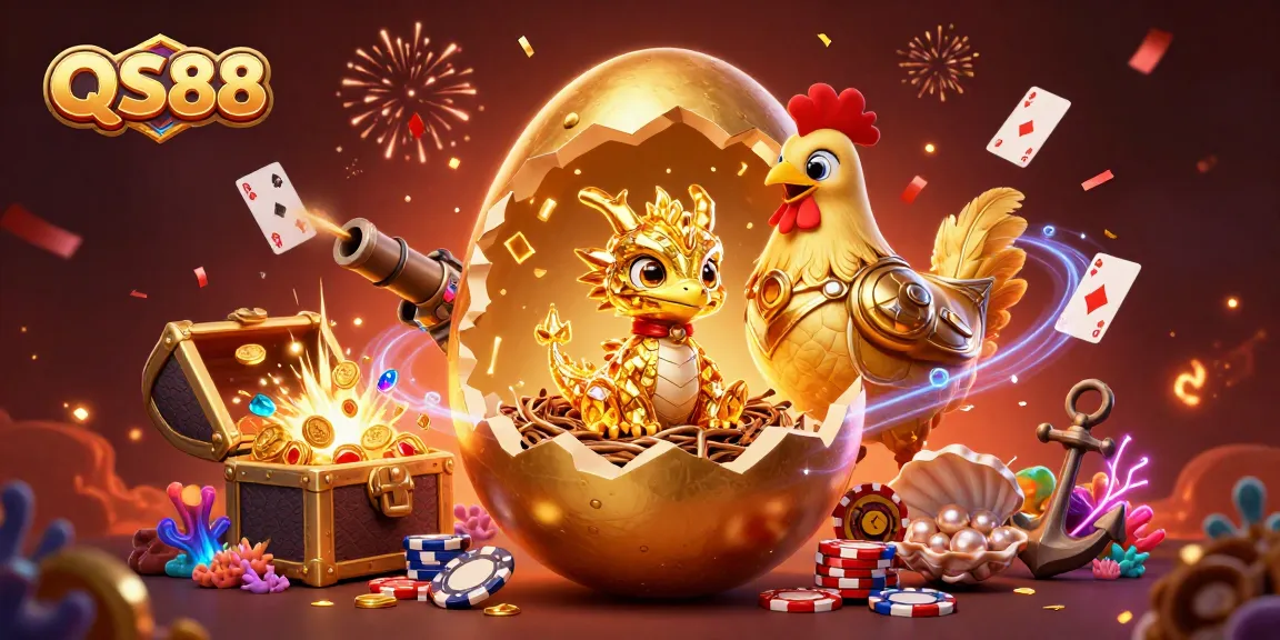 Experience the thrill of QS88 with a baby dragon guarding poker chips in this festive 3D casino scene.