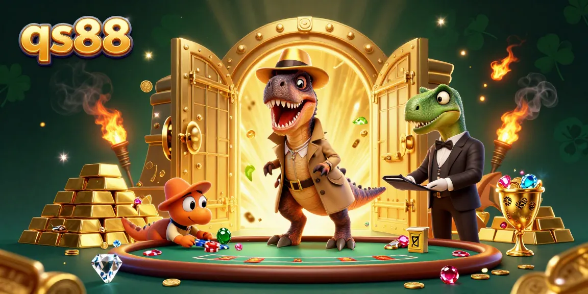 qs88 showcases a velociraptor at a blackjack table, evoking excitement in a vibrant casino scene.