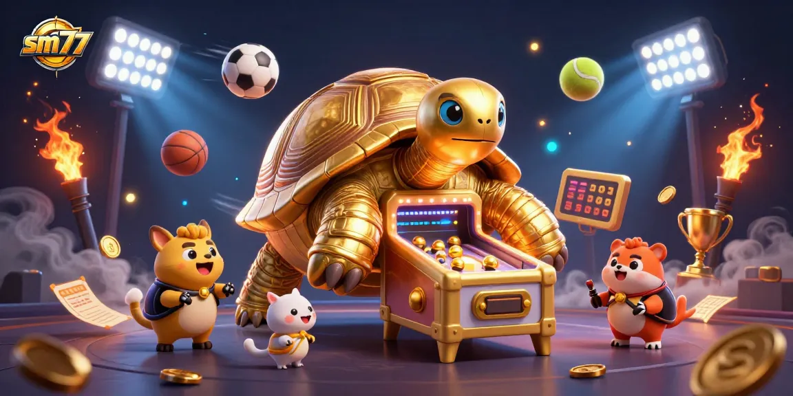 Engaging scene of sm77 showcasing sports betting excitement with a whimsical tortoise pinball machine.