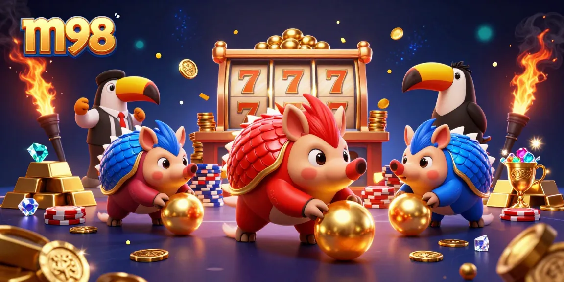Experience thrilling m98 slots with rival pangolins in a vibrant casino setting.