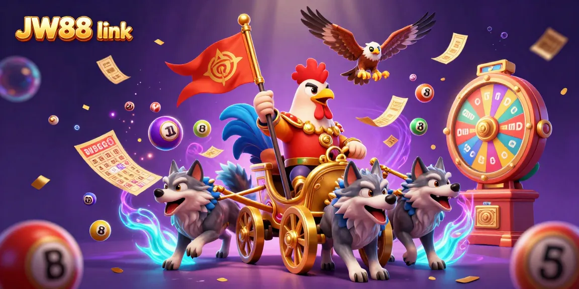Experience the excitement of JW88 link with a dynamic 3D scene featuring a rooster warrior, colorful lottery elements, and casino symbols.