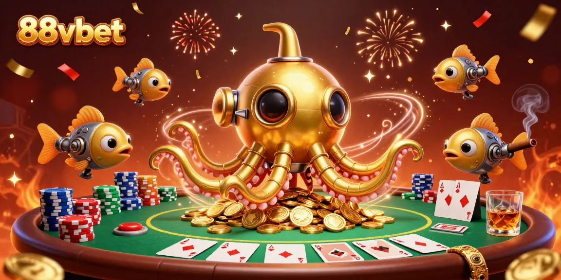 Experience thrilling action at 88vbet with vibrant casino elements, from poker cards to golden kraken submarine.