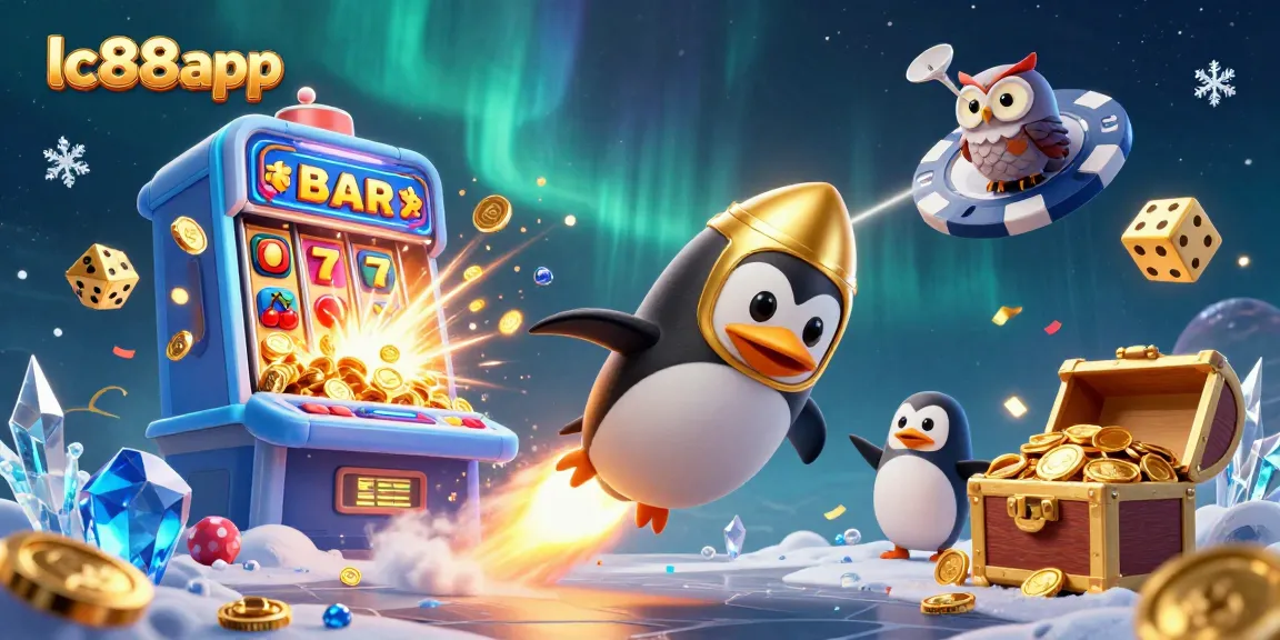 Experience the excitement of lc88app with a golden penguin soaring through a jackpot-filled casino space!