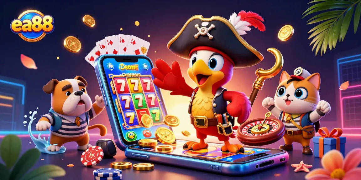 Energize your gameplay with ea88! A dynamic 3D pirate theme showcasing exciting slots and gaming elements.