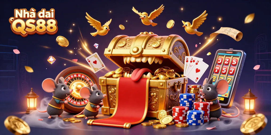 Experience the excitement at Nhà cái QS88, where treasure awaits in a vibrant 3D casino scene.