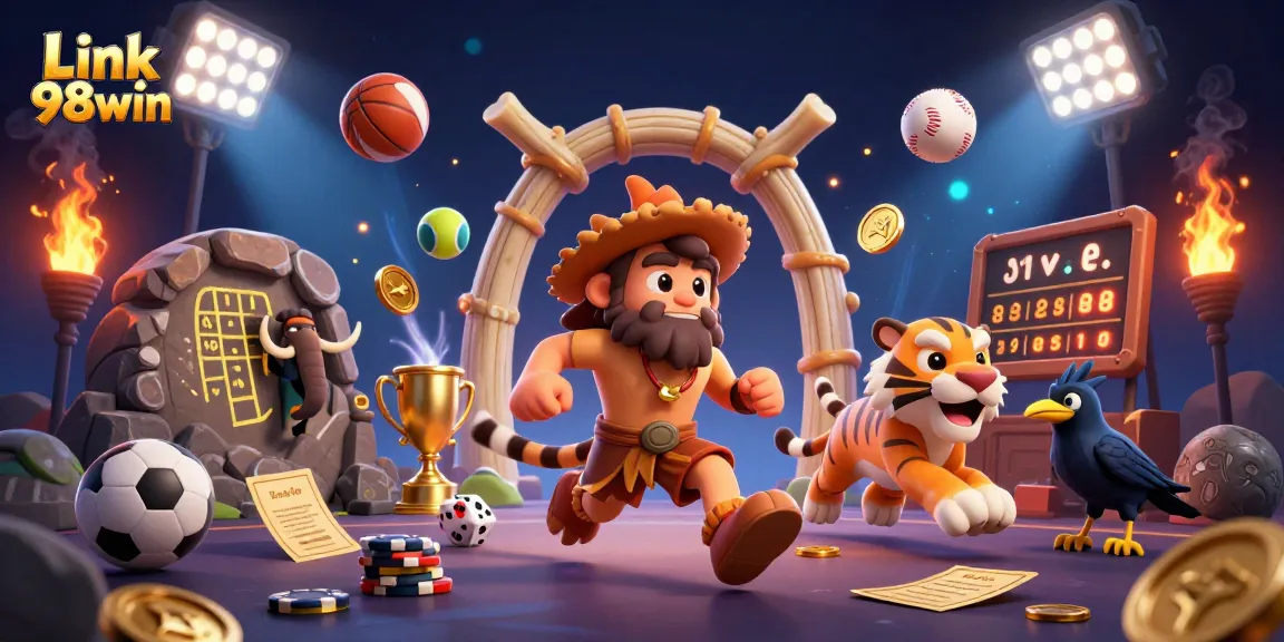 Experience the exciting adventures at Link 98win featuring a dynamic prehistoric casino scene.