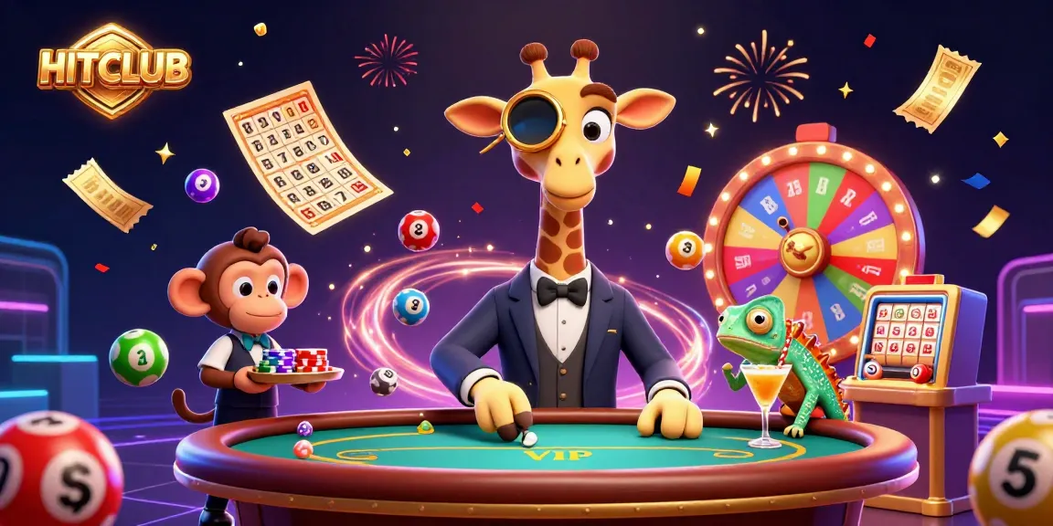 Engage with HITCLUB's vibrant casino scene featuring a high-roller giraffe at a VIP poker table, exuding excitement.