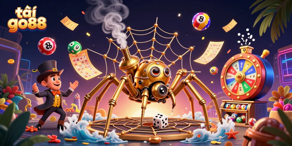 Experience the excitement of gaming with tải go88 as the golden spider catches dice amidst vibrant lottery elements.