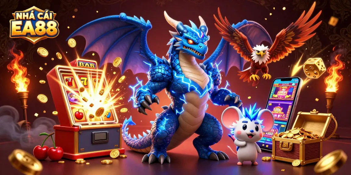 Engage with NHÀ CÁI EA88's electrifying gaming scene featuring vibrant 3D characters and dynamic casino elements.