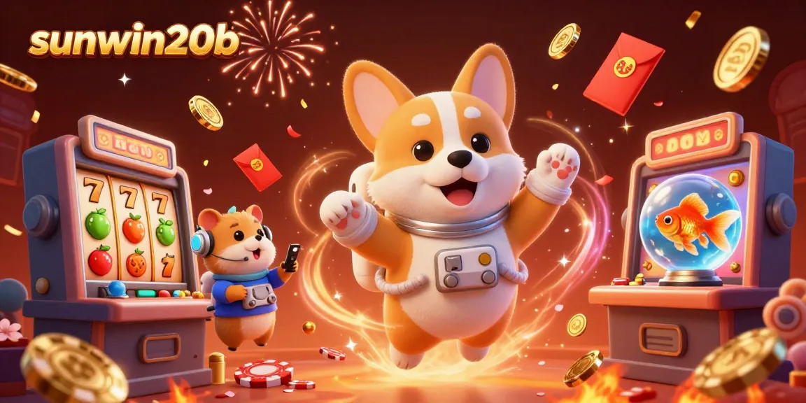 Experience jackpot excitement at sunwin20b with a floating casino scene featuring playful characters and vibrant game elements.