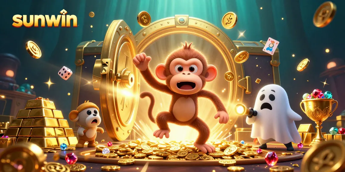 Engaging with sunwin's gaming treasures as a playful poltergeist monkey juggles riches in a haunted casino.