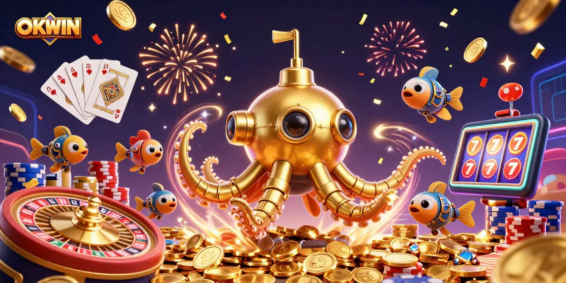 Experience the excitement of OKWIN's casino adventure with a golden kraken submarine amidst cascading treasures.